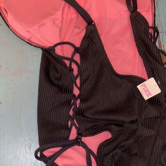PINK lace up ribbed one piece - Picture 3 of 3